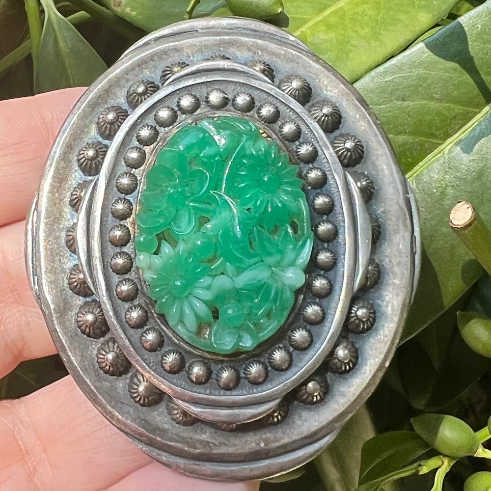 VINTAGE CHINESE EXPORT STERLING CARVED PEKING GLASS STATEMENT PENDANT PIN BROOCH - Picture 16 of 16